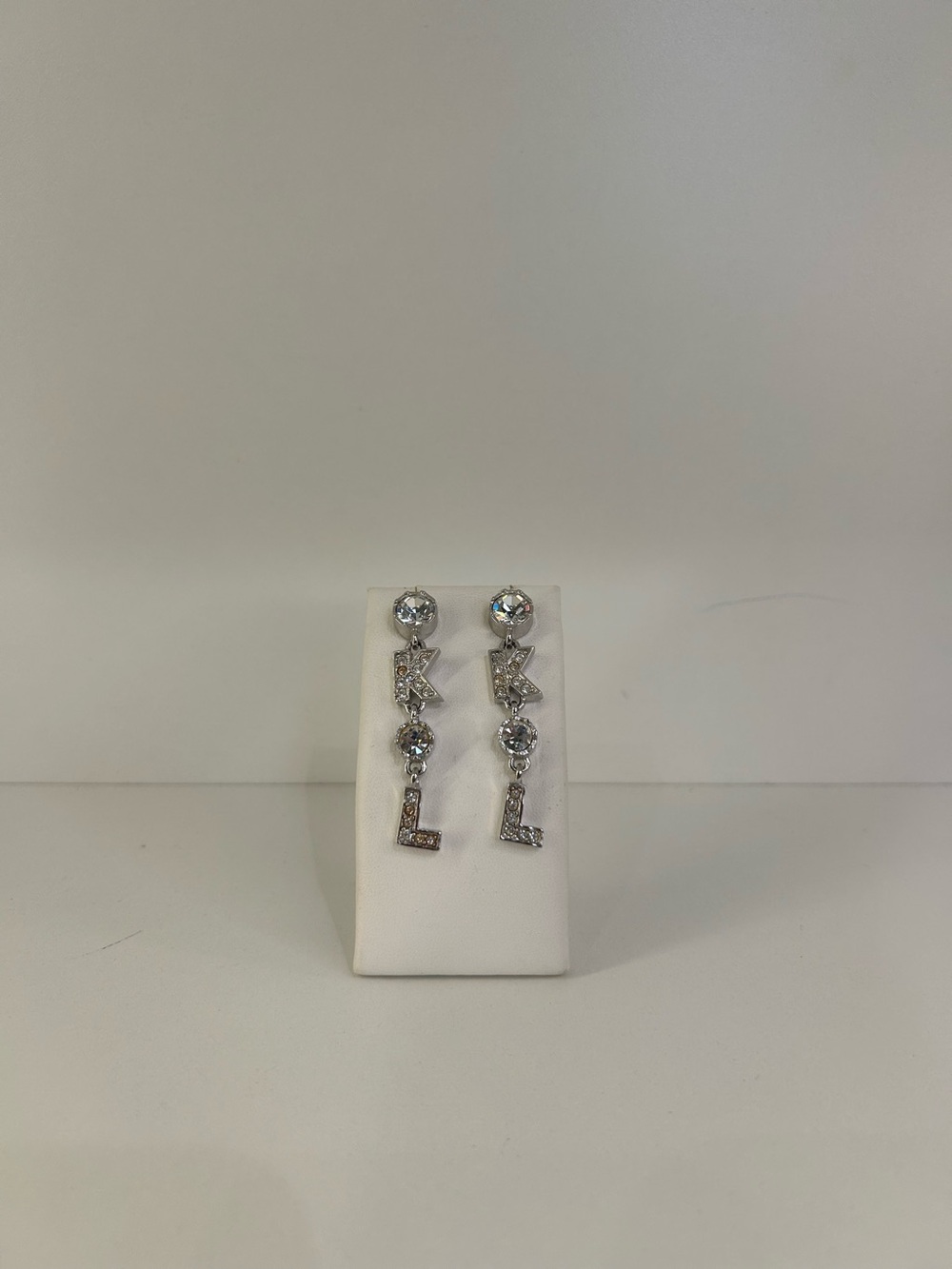 Vintage Karl Lagerfeld Pierced 2" Rhinestone K.L Dangle Earrings